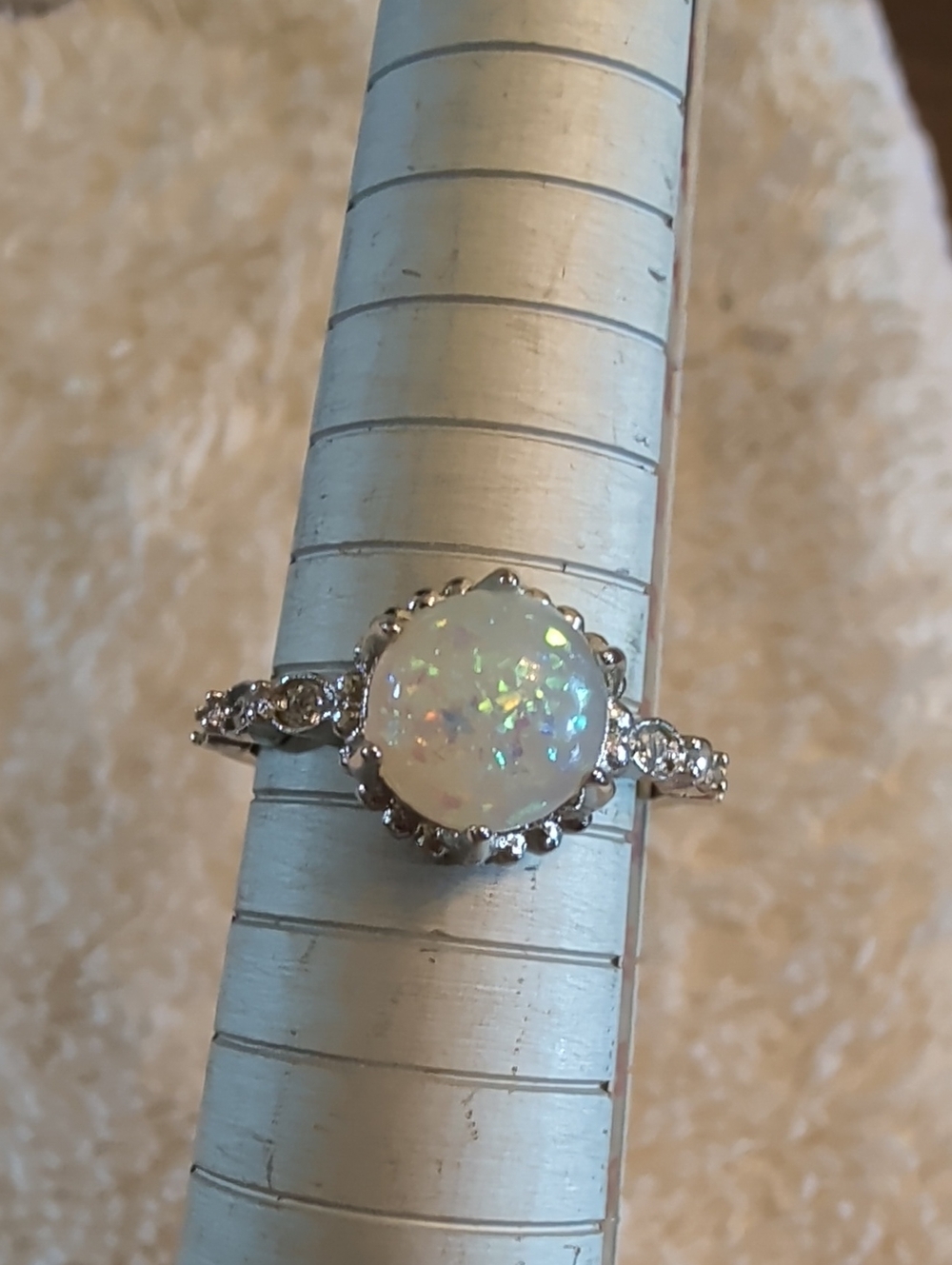 Lab Created Opal Halo Ring w/CZ Accents Sterling Silver Size 6.5